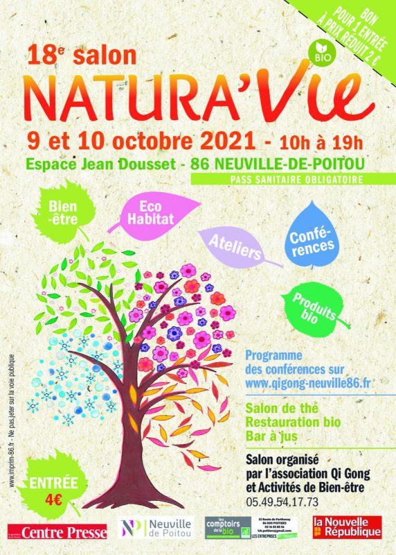 Flyer présentant le 18 éme salon Natura'Vie le 9 et 10 octobre 2021 à Neuville-De-Poitou dans le département du 86.